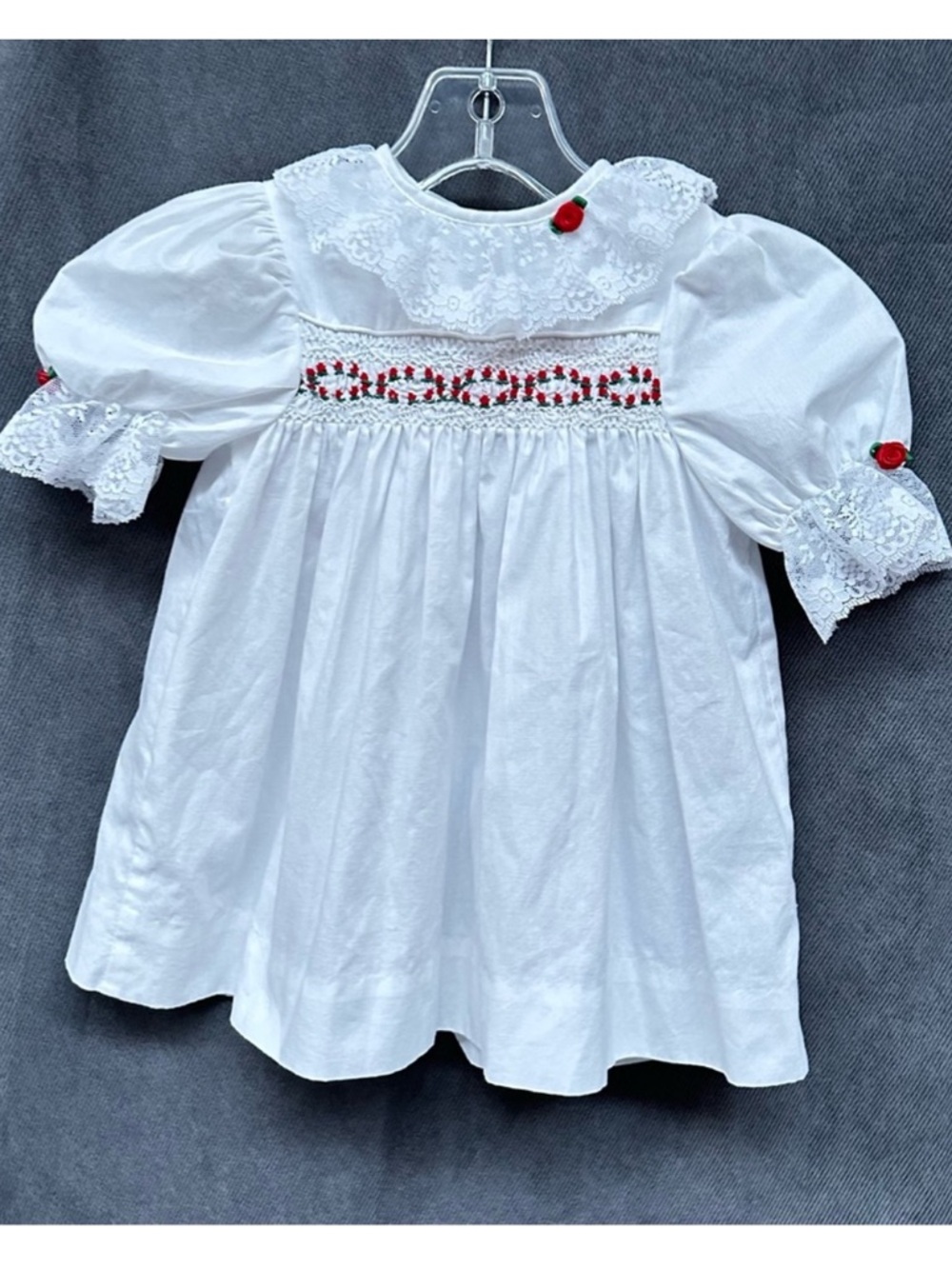 Vintage Polly Flinders White Lace Smocked Rosebud Dress 24 Mo